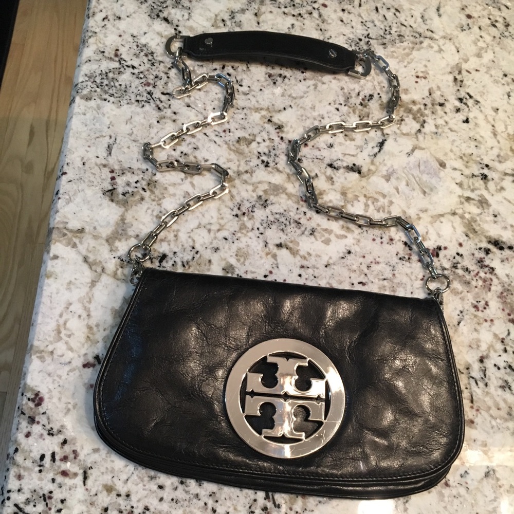 Tory Burch Reva silver + black chain crossbody